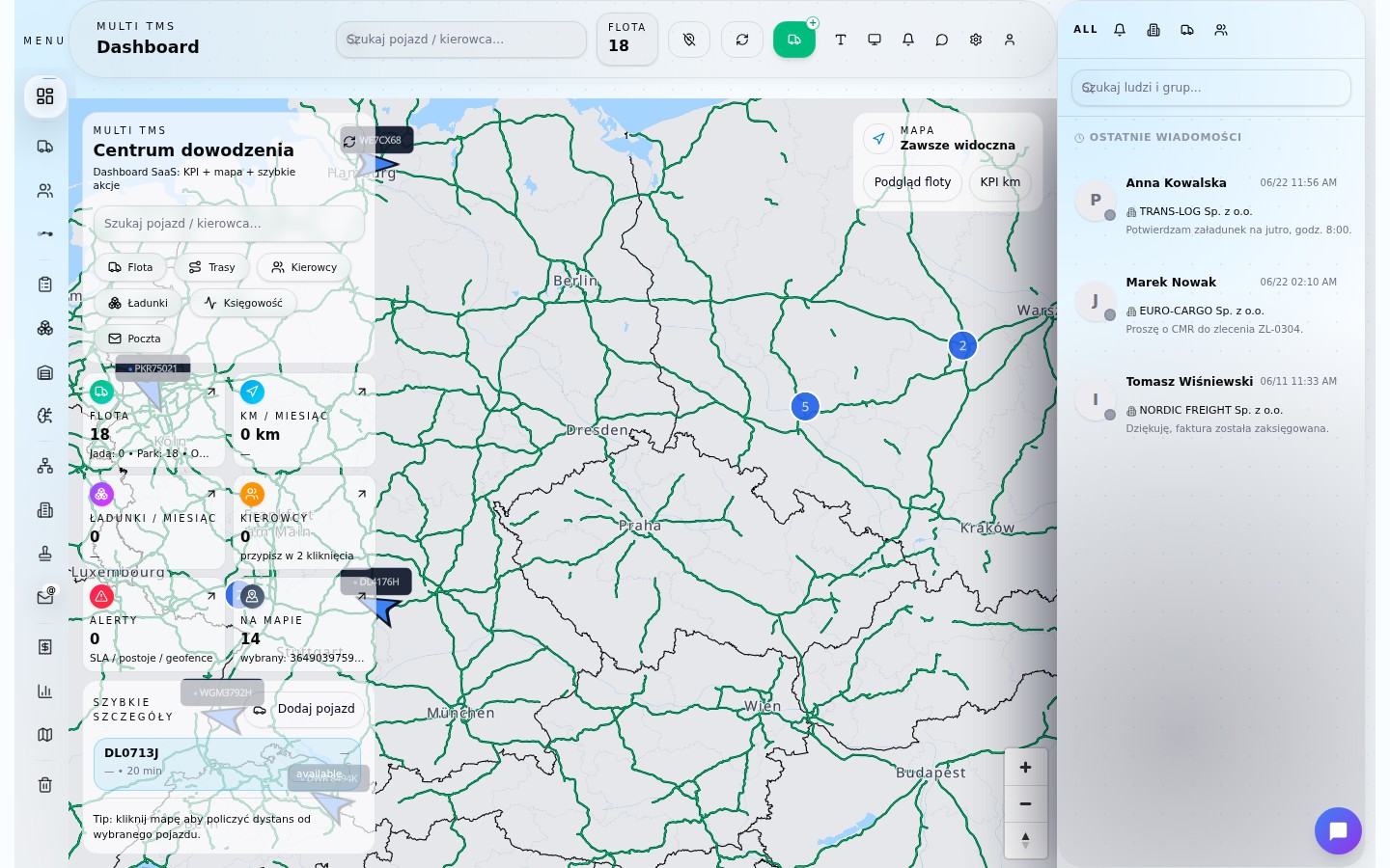 Centrum dowodzenia Routence — mapa floty na żywo, KPI i czat zespołu