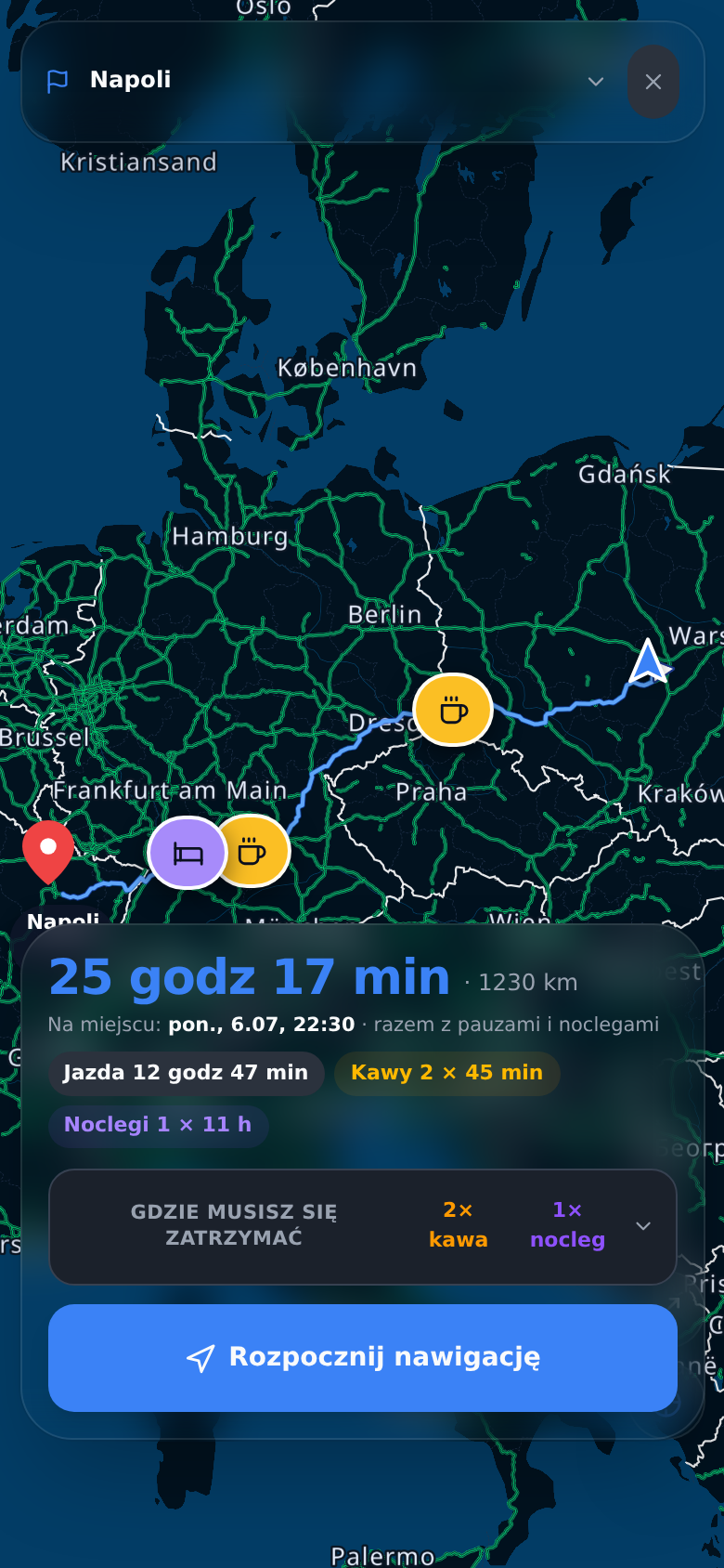 Trasa ciężarówki Łódź–Neapol z automatycznie zaplanowanymi pauzami i noclegiem na parkingach TIR