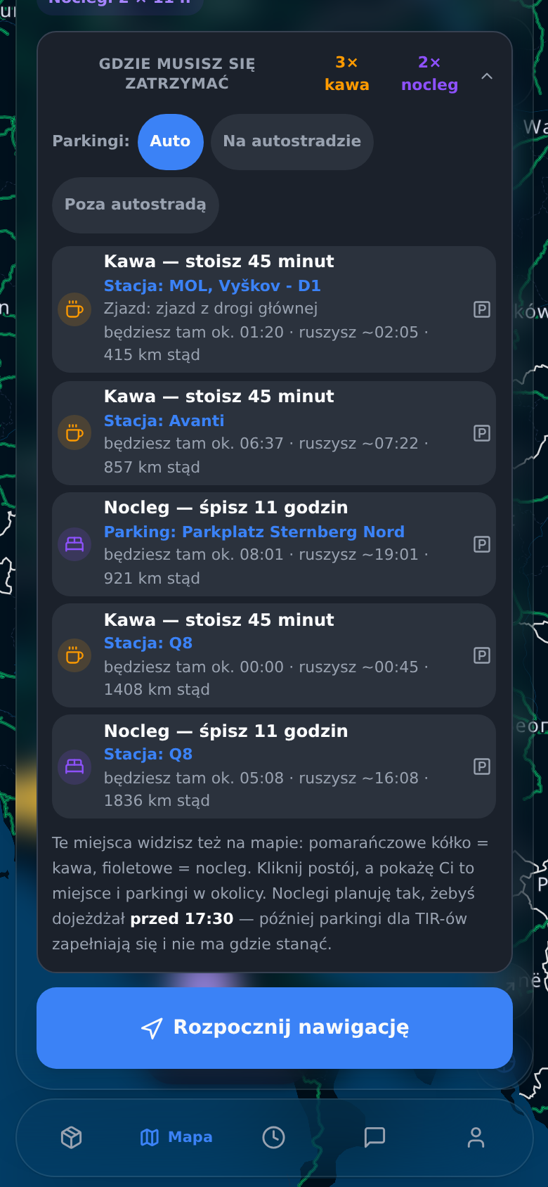 Plan postojów kierowcy: kawy 45 minut i nocleg 11 godzin na parkingach MOP z godzinami przyjazdu
